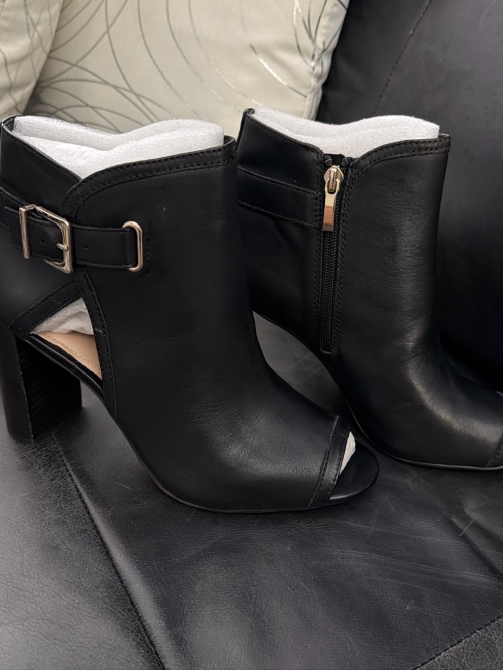 Essex Lane Black Open-Toe Ankle Heeled Booties with Side Buckle